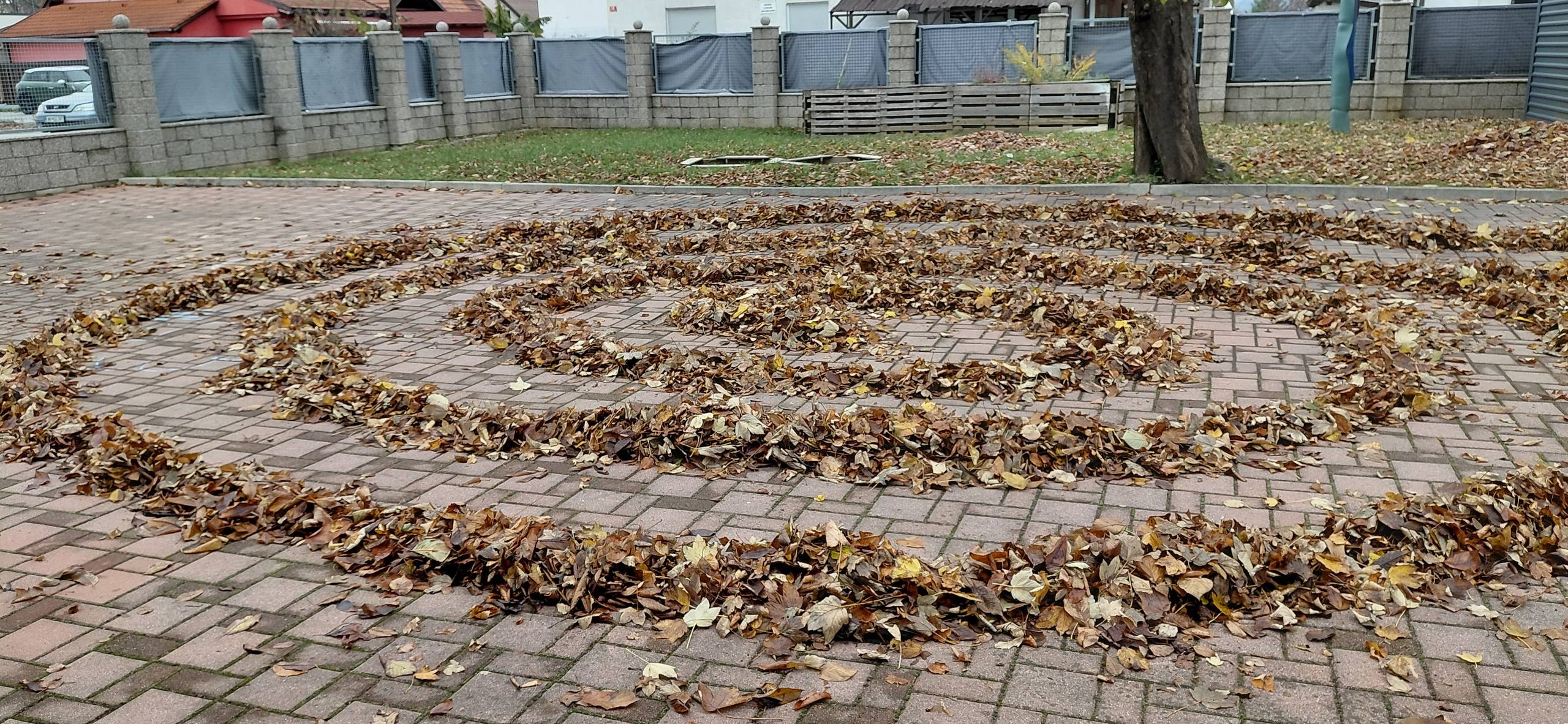 Spirala iz jesenskega listja na dvorišču